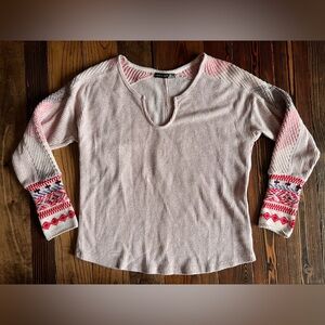 BLACK TAPE_ • pink red ribbed knit shirt top boho Scandi Nordic Fair Isle Boho